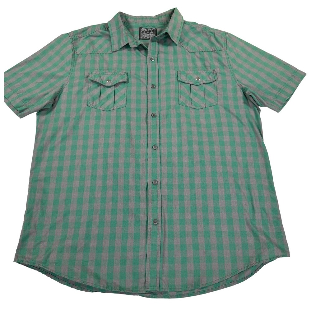 Straight Faded Button Down Mens XL Green Gingham Good Short Sleeve Western Shirt